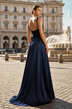 Blush Satin A-Line Bridesmaid Dress with Spaghetti Straps Neckline