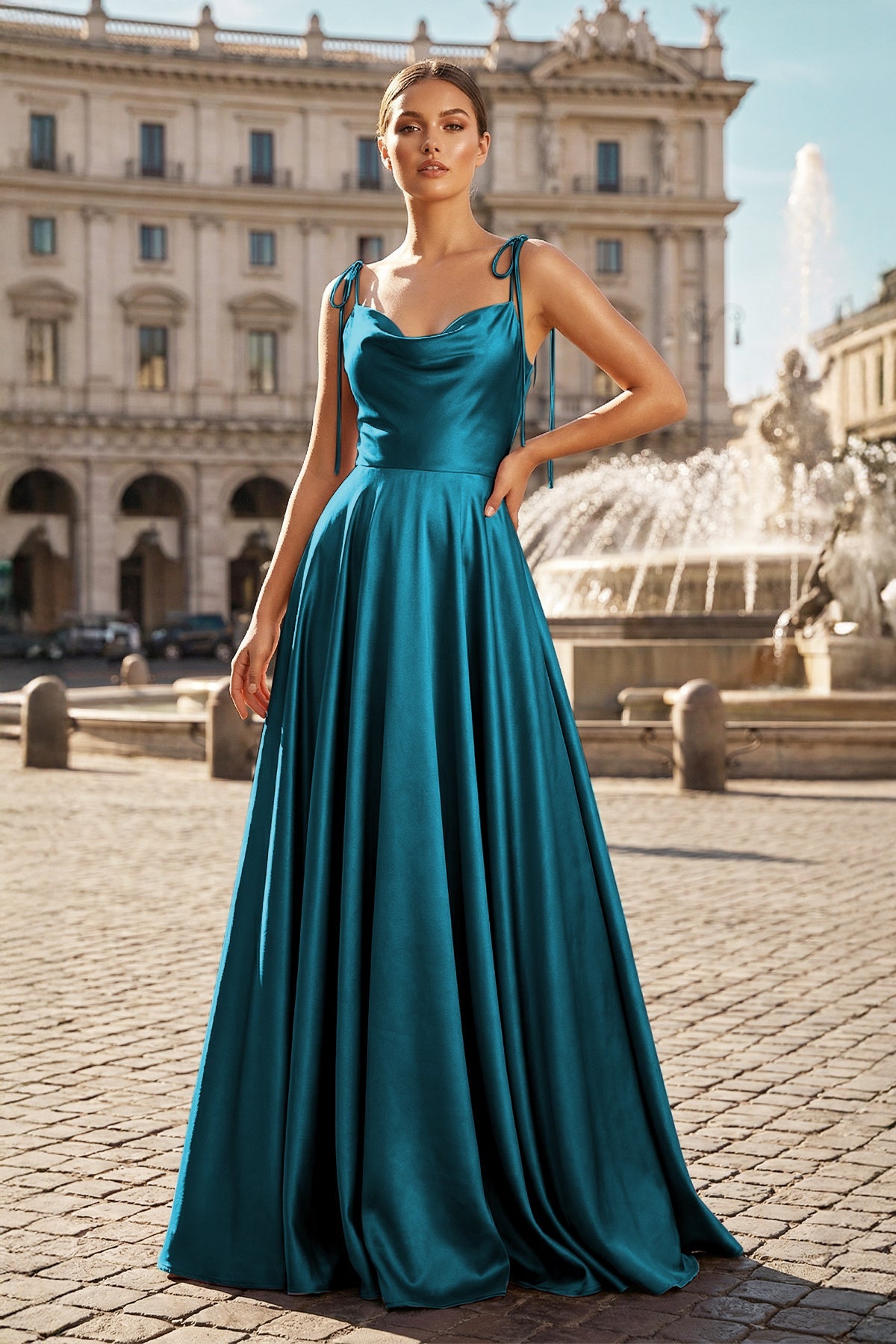 Blush Satin A-Line Bridesmaid Dress with Spaghetti Straps Neckline