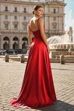 Blush Satin A-Line Bridesmaid Dress with Spaghetti Straps Neckline