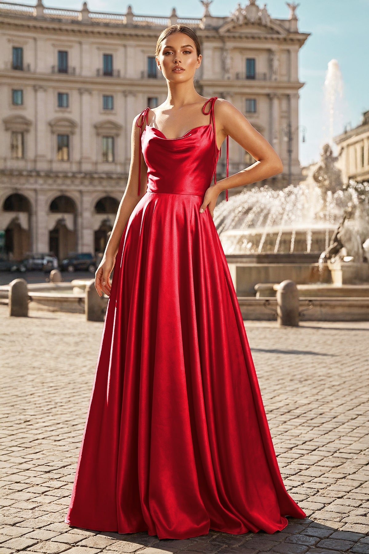 Blush Satin A-Line Bridesmaid Dress with Spaghetti Straps Neckline