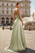 Blush Satin A-Line Bridesmaid Dress with Spaghetti Straps Neckline