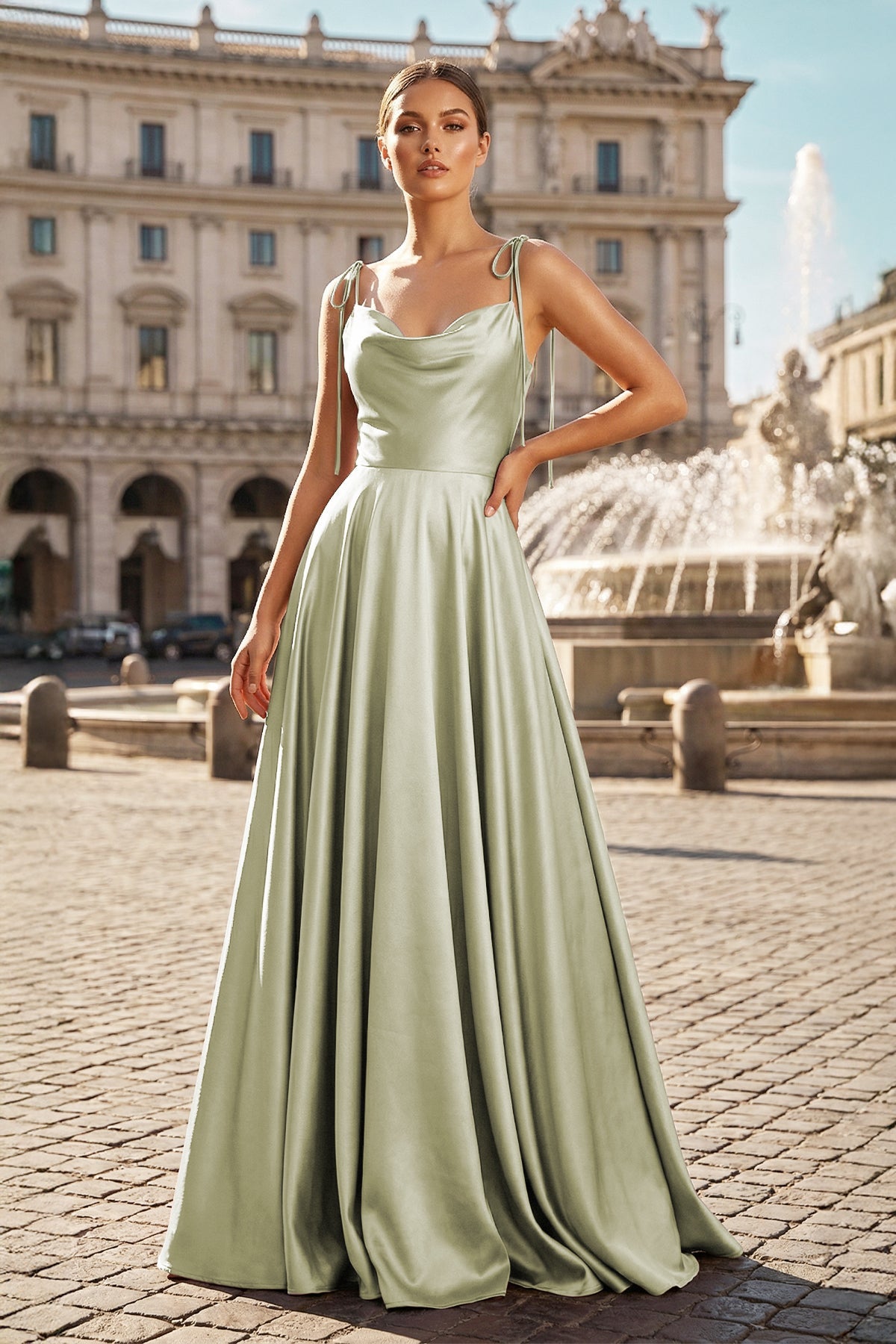 Blush Satin A-Line Bridesmaid Dress with Spaghetti Straps Neckline