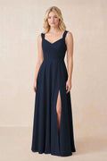 Navy Blue Chiffon A-Line Bridesmaid Dress with Sweetheart Neckline