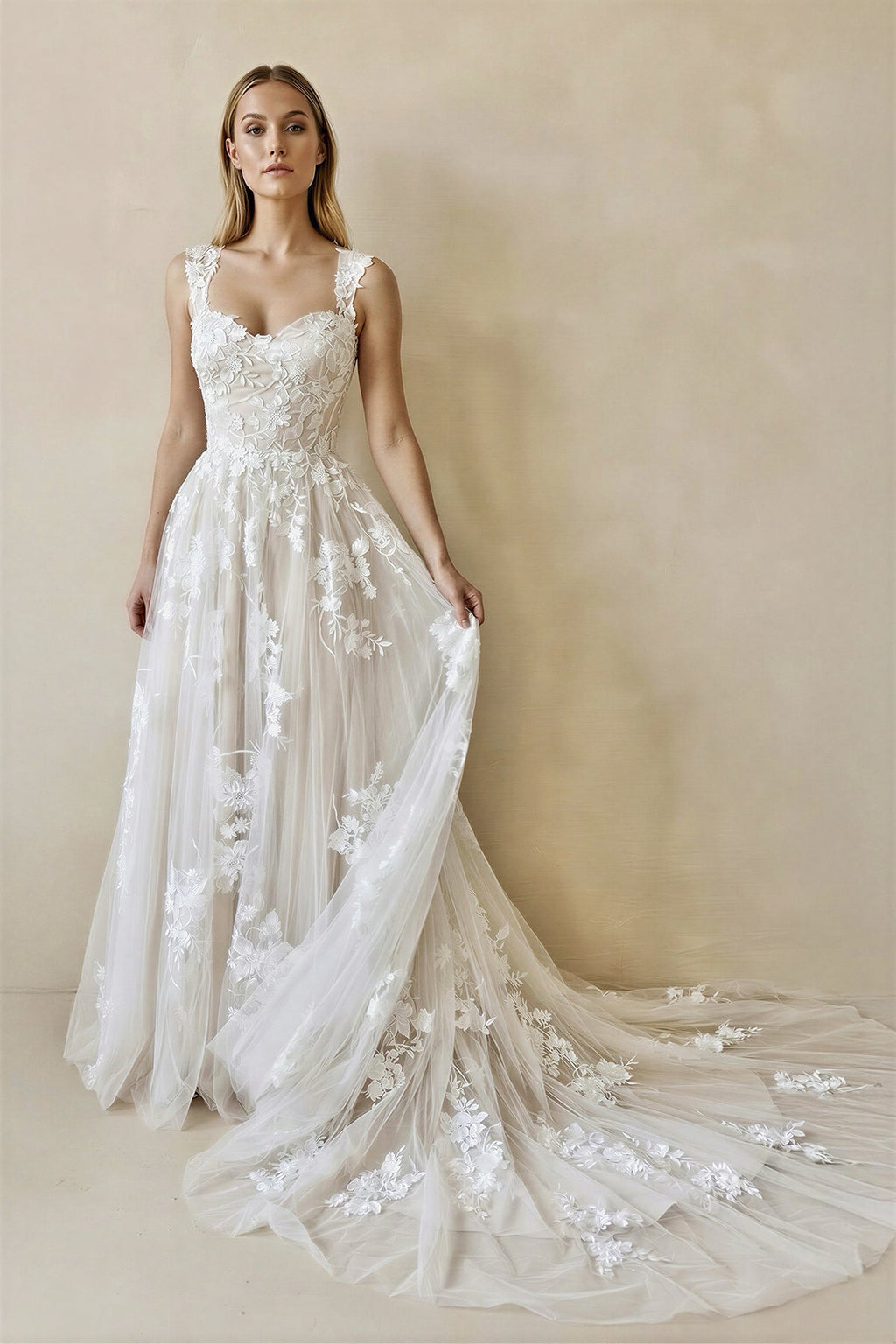 White Lace A-Line Wedding Dress with Sweetheart Neckline and Appliques