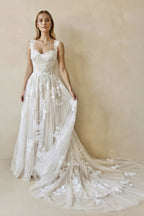 White Lace A-Line Wedding Dress with Sweetheart Neckline and Appliques