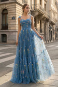 Ariadelle Lake Dusty Blue front view prom dress