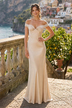 Aqua Off The Shoulder Sheath Satin Long Formal Prom Gown