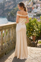 Aqua Off The Shoulder Sheath Satin Long Formal Prom Gown