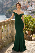 Aqua Off The Shoulder Sheath Satin Long Formal Prom Gown