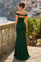 Aqua Off The Shoulder Sheath Satin Long Formal Prom Gown