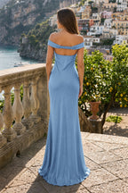 Aqua Off The Shoulder Sheath Satin Long Formal Prom Gown
