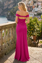 Aqua Off The Shoulder Sheath Satin Long Formal Prom Gown