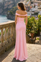 Aqua Off The Shoulder Sheath Satin Long Formal Prom Gown