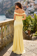Aqua Off The Shoulder Sheath Satin Long Formal Prom Gown