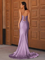Red Satin Mermaid Evening Dress with V-Neck Neckline and Beading