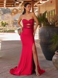 Red Satin Mermaid Evening Dress with V-Neck Neckline and Beading