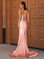 Red Satin Mermaid Evening Dress with V-Neck Neckline and Beading