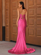 Red Satin Mermaid Evening Dress with V-Neck Neckline and Beading