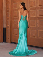 Red Satin Mermaid Evening Dress with V-Neck Neckline and Beading
