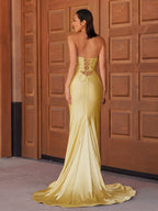 Red Satin Mermaid Evening Dress with V-Neck Neckline and Beading
