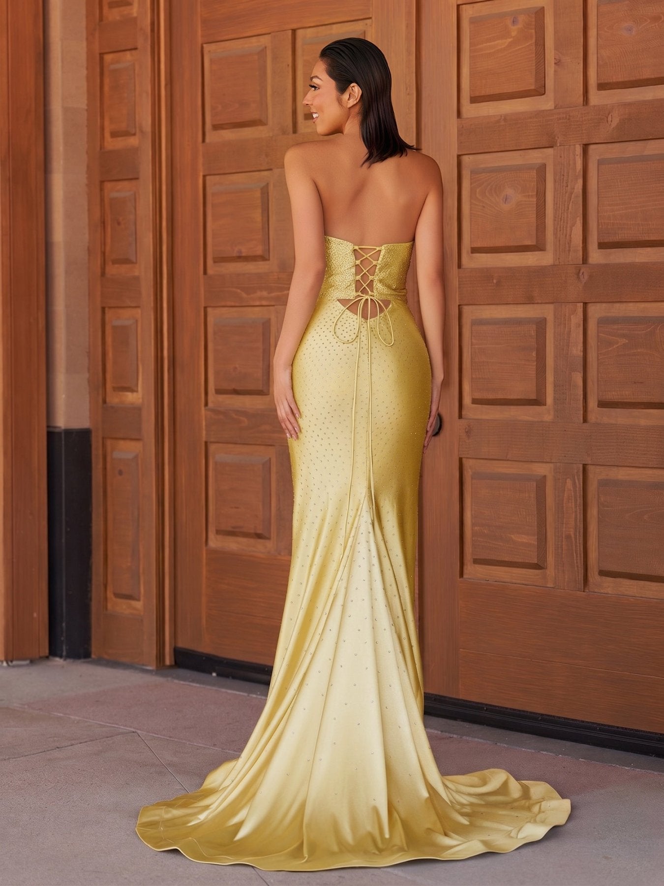 Red Satin Mermaid Evening Dress with V-Neck Neckline and Beading