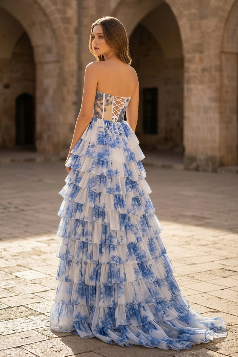 Blue Floral Printed Sweetheart Chiffon Tiered A-Line Long Corset Formal Prom Gown