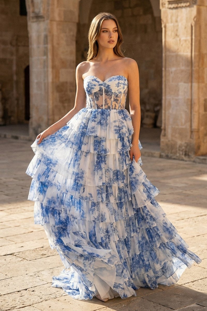 Blue Floral Printed Sweetheart Chiffon Tiered A-Line Long Corset Formal Prom Gown