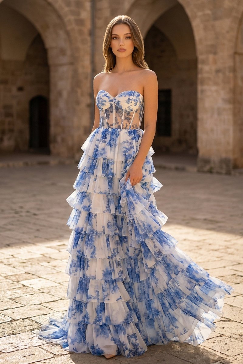Blue Floral Printed Sweetheart Chiffon Tiered A-Line Long Corset Formal Prom Gown
