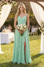 As Picture Chiffon A-Line Bridesmaid Dress with Spaghetti Straps Neckline and Ruffles