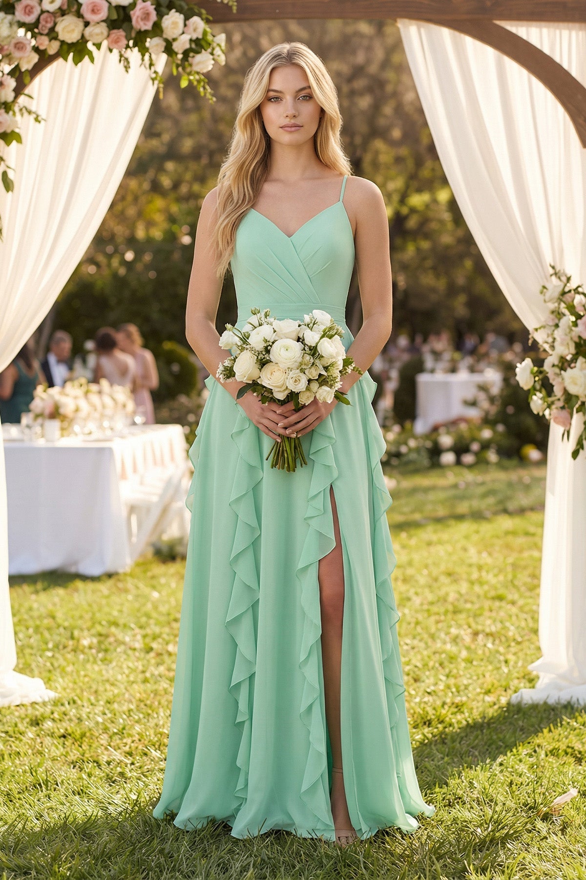 As Picture Chiffon A-Line Bridesmaid Dress with Spaghetti Straps Neckline and Ruffles