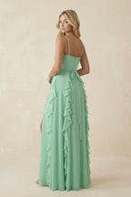 As Picture Chiffon A-Line Bridesmaid Dress with Spaghetti Straps Neckline and Ruffles