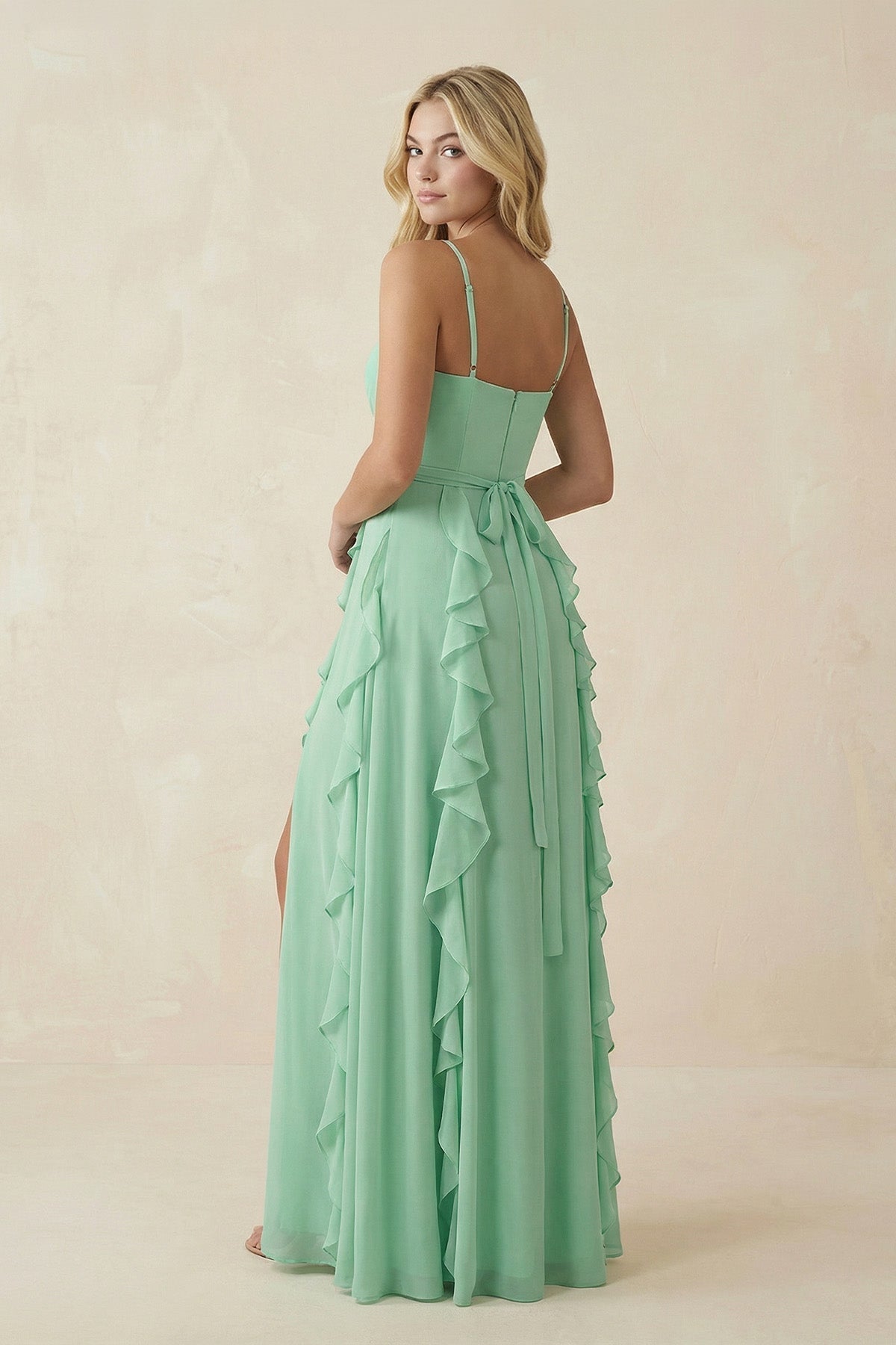 As Picture Chiffon A-Line Bridesmaid Dress with Spaghetti Straps Neckline and Ruffles
