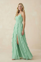 As Picture Chiffon A-Line Bridesmaid Dress with Spaghetti Straps Neckline and Ruffles