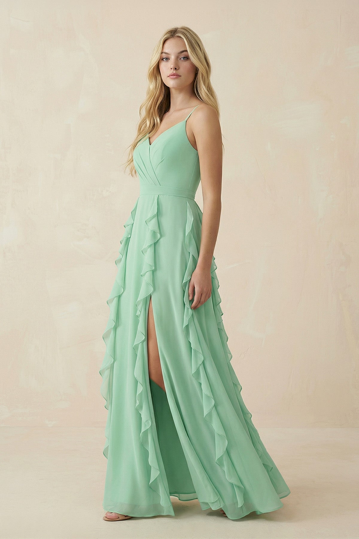 As Picture Chiffon A-Line Bridesmaid Dress with Spaghetti Straps Neckline and Ruffles