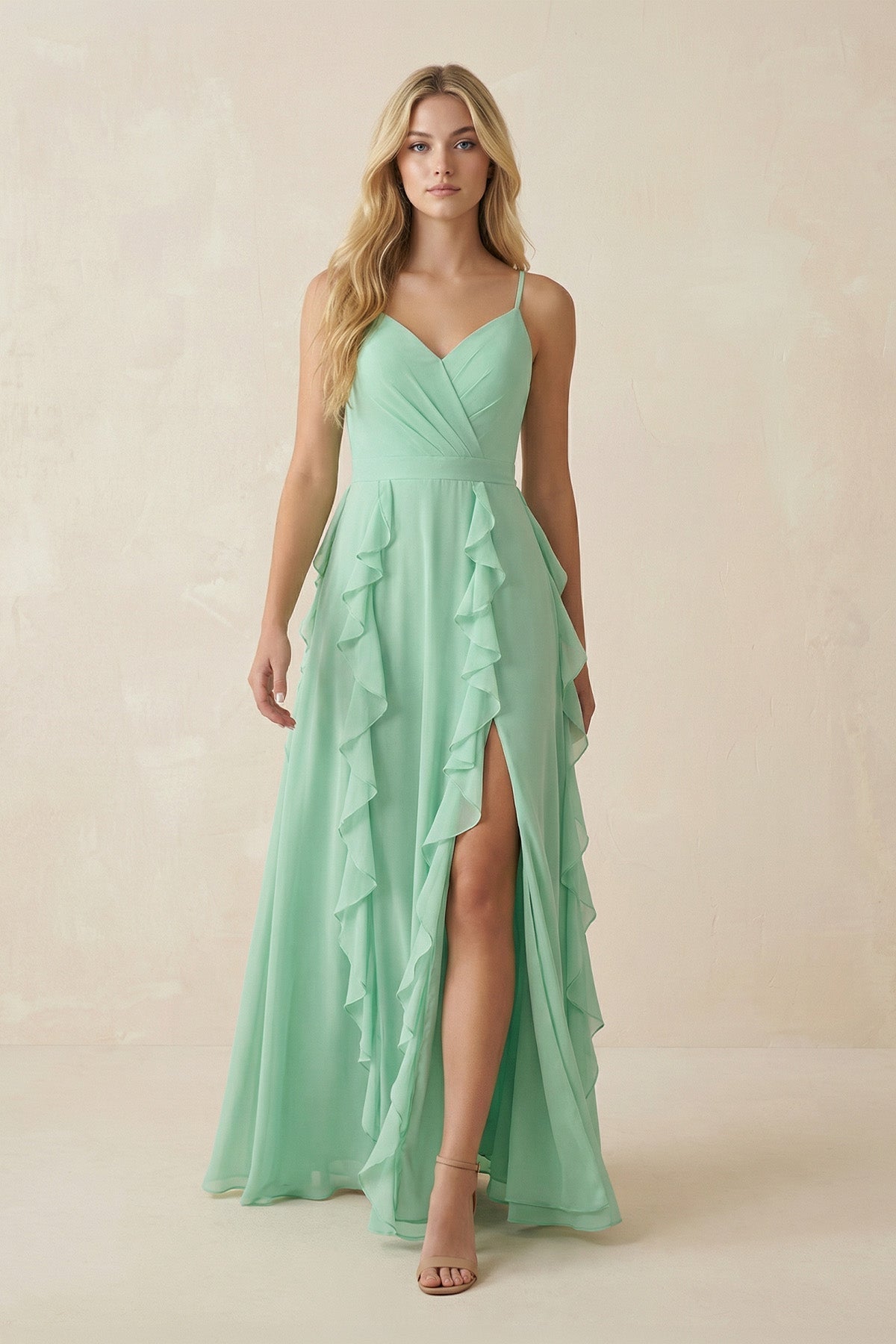 As Picture Chiffon A-Line Bridesmaid Dress with Spaghetti Straps Neckline and Ruffles