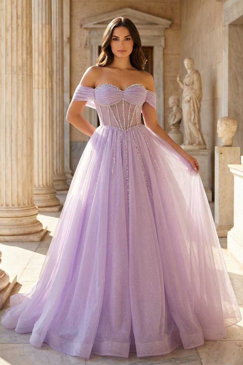 Roselle Pearl Lavender front view prom dress
