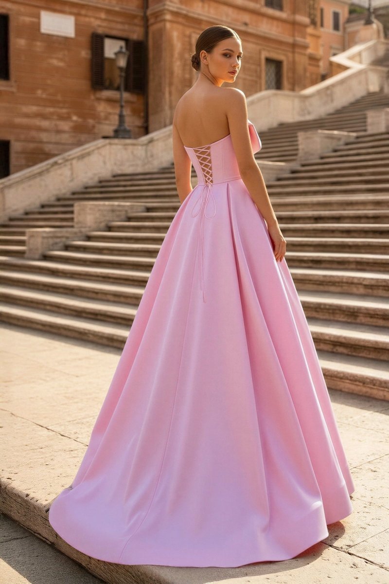 Rosalie Snow Rose Pink back view prom dress