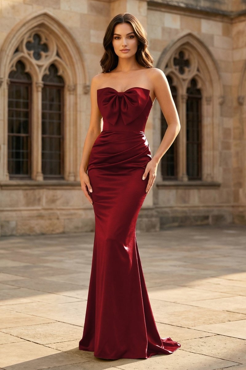 Valencia Skye Burgundy front view prom dress