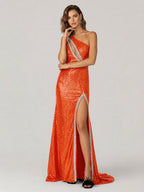Orange One Shoulder Sequins Mermaid Formal Prom Gown with Slit