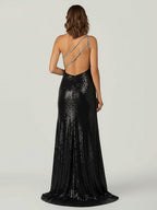 Orange One Shoulder Sequins Mermaid Formal Prom Gown with Slit