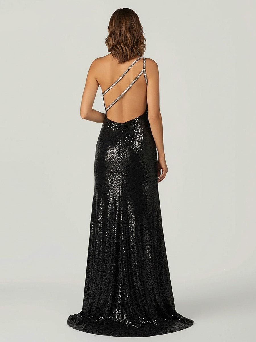 Orange One Shoulder Sequins Mermaid Formal Prom Gown with Slit