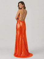 Orange One Shoulder Sequins Mermaid Formal Prom Gown with Slit