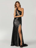 Orange One Shoulder Sequins Mermaid Formal Prom Gown with Slit