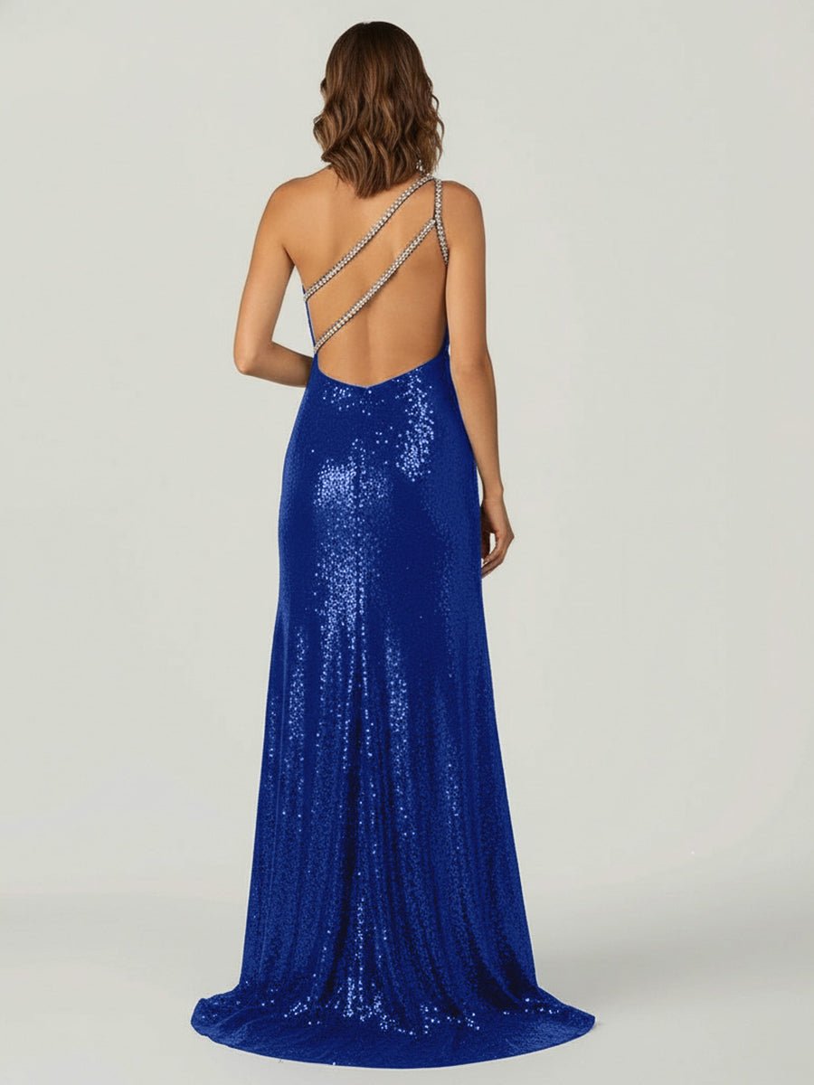 Orange One Shoulder Sequins Mermaid Formal Prom Gown with Slit