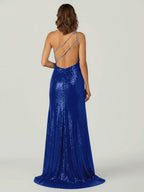 Orange One Shoulder Sequins Mermaid Formal Prom Gown with Slit