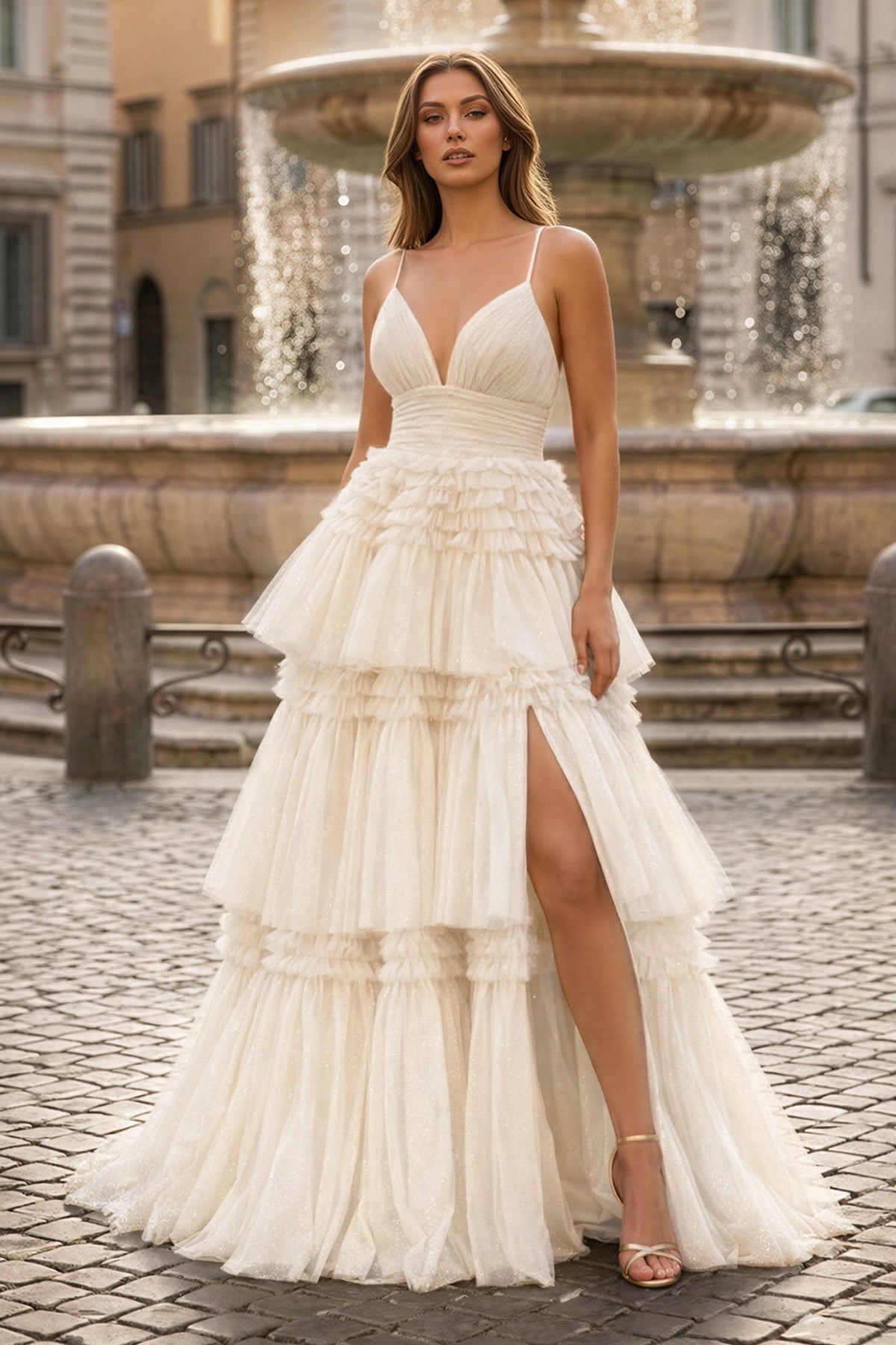 Clarisse June Champagne front view prom dress