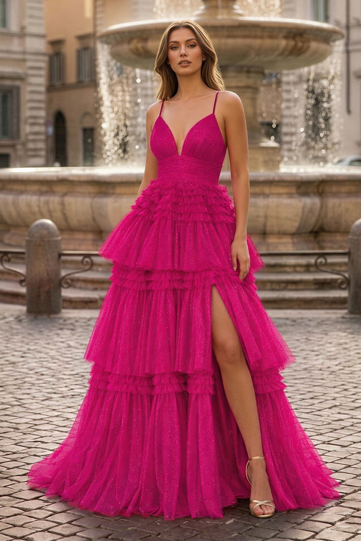 Clarisse June Fuchsia front view prom dress