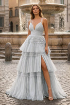 Clarisse June Silver front view prom dress