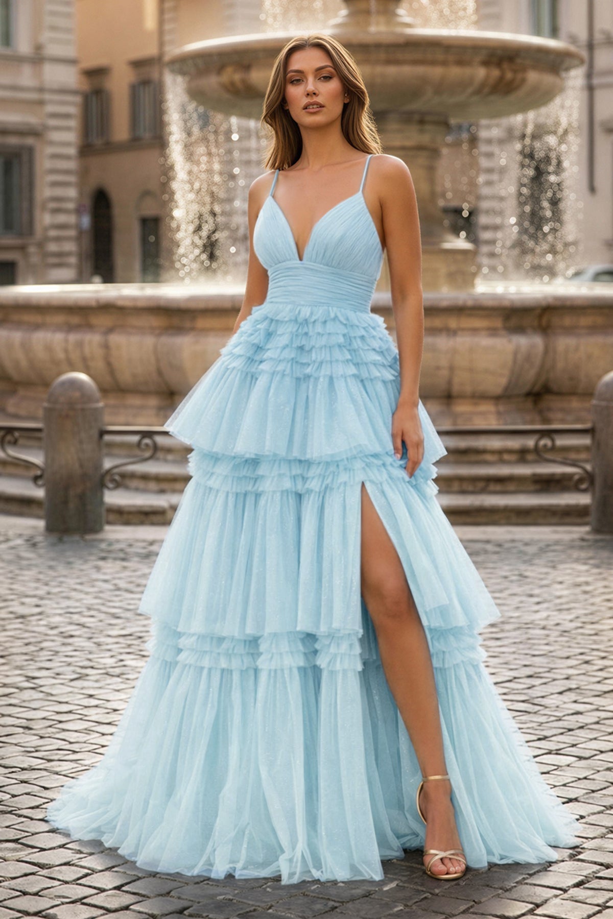 Clarisse June Sky Blue front view prom dress