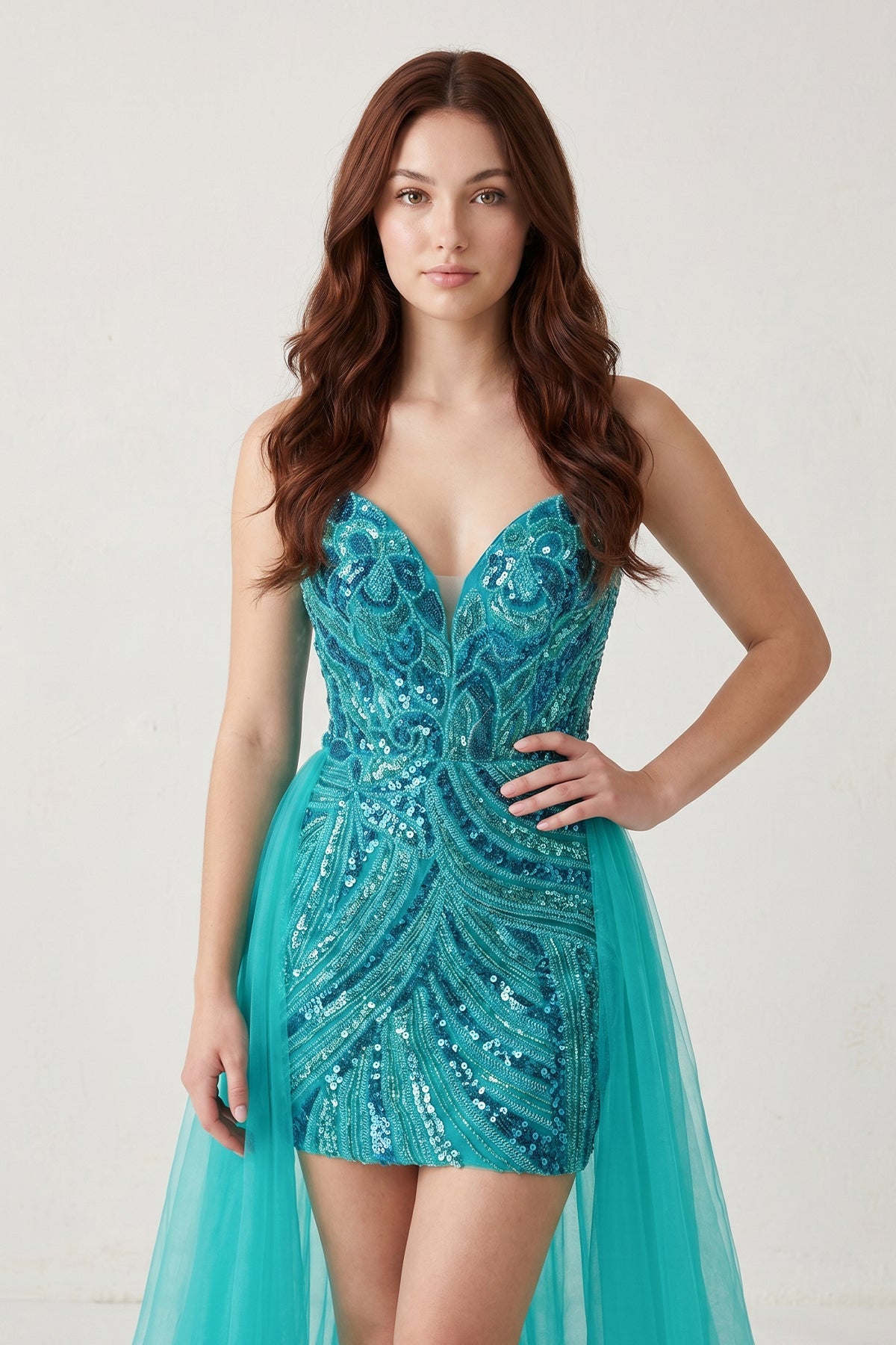 Ghislaine Turquoise side view homecoming dress
